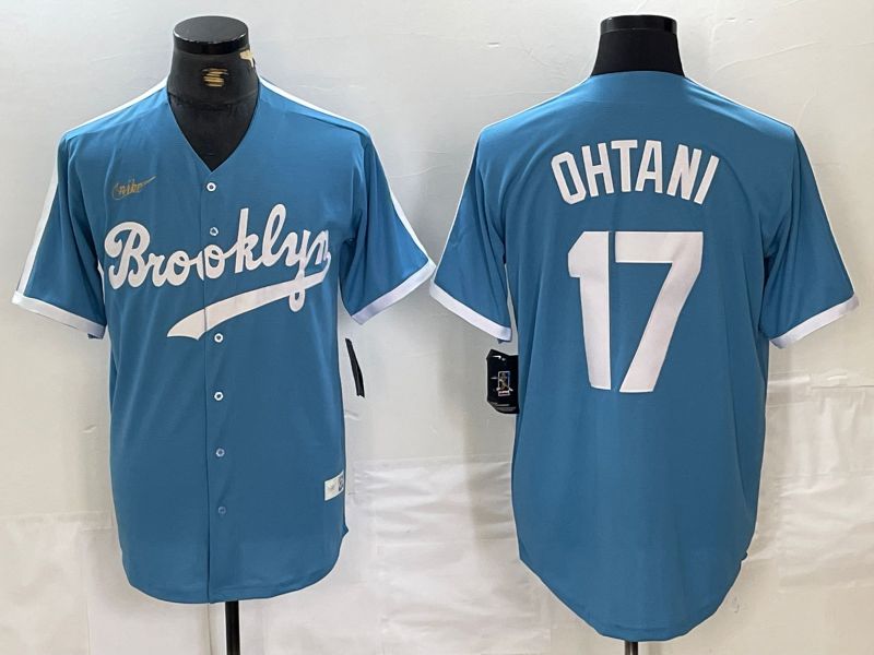 Men Los Angeles Dodgers #17 Ohtani Light blue Throwback 2024 Nike MLB Jersey style 1